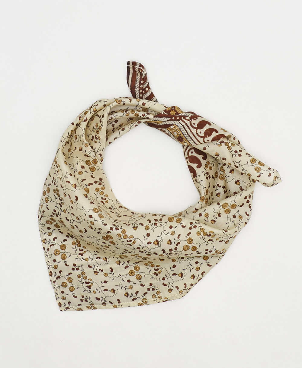 vintage beige floral paisley silk scarf handmade by women artisans using upcycled saris