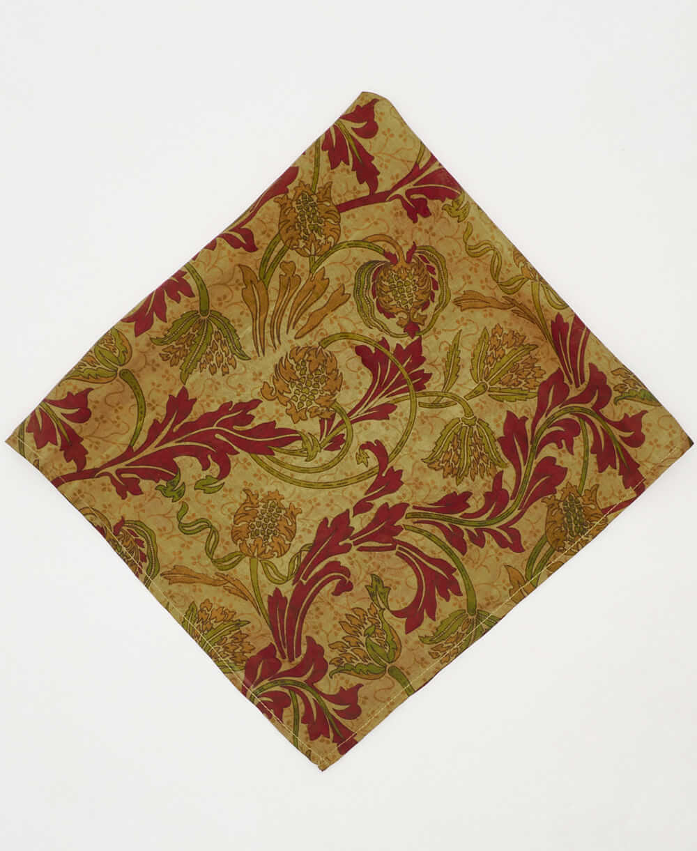 vintage silk scarf featuring a red and green floral pattern created using sustainably sourced saris