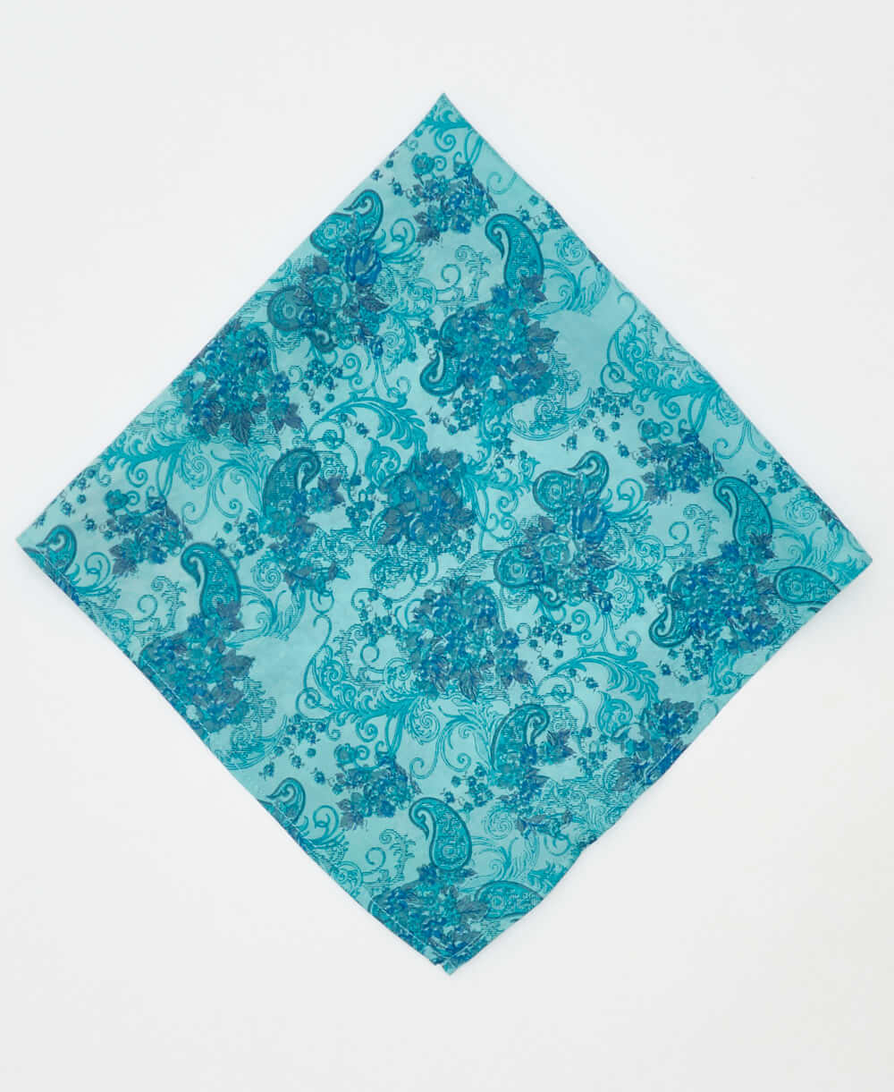 vintage silk scarf featuring a bright blue paisley pattern  created using sustainably sourced saris