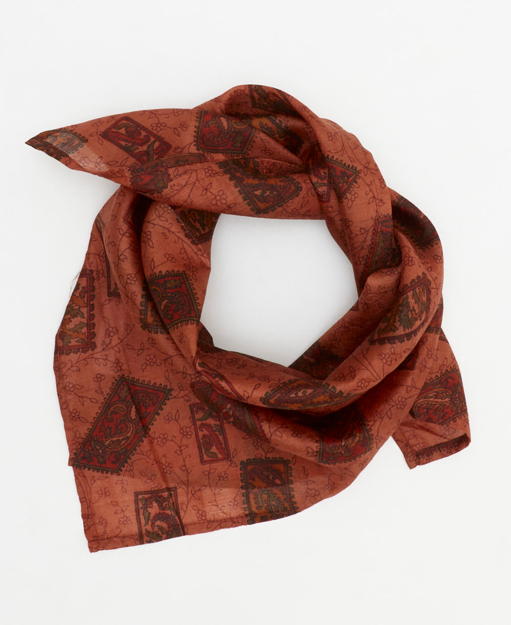 burnt orange vintage silk scarf handmade from upcycled saris in India by women artisans
