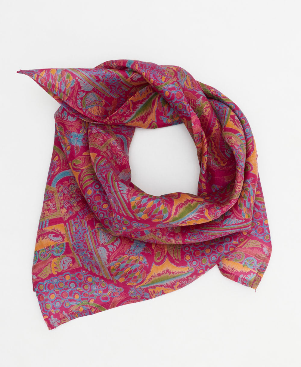 hot pink vintage silk scarf handmade from upcycled saris in India by women artisans