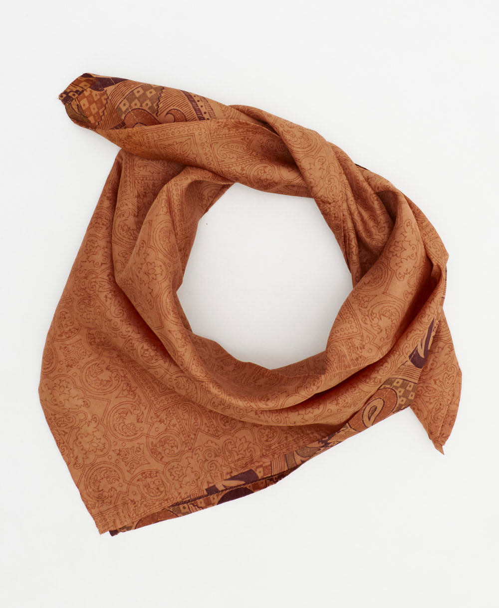warm tan vintage silk scarf handmade from upcycled saris in India by women artisans