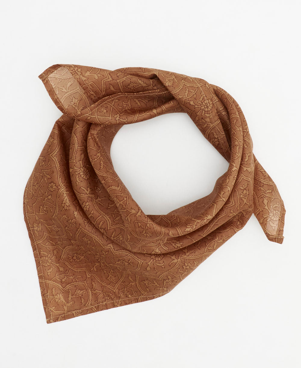 light brown floral vintage silk scarf handmade from upcycled saris in India by women artisans