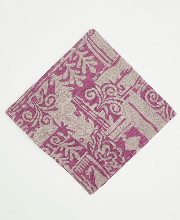 vintage silk scarf featuring a purple modern abstract print   pattern created using sustainably sourced saris