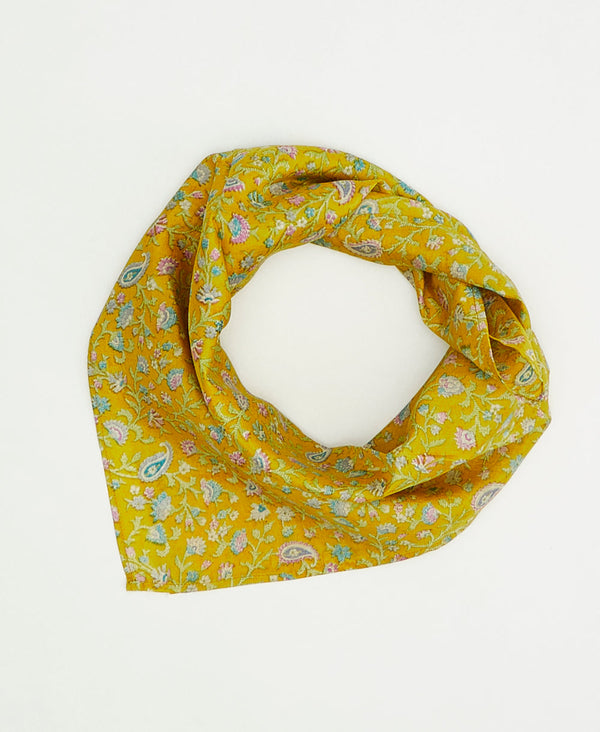 Bright yellow floral paisley vintage silk scarf handmade by women artisans using upcycled saris