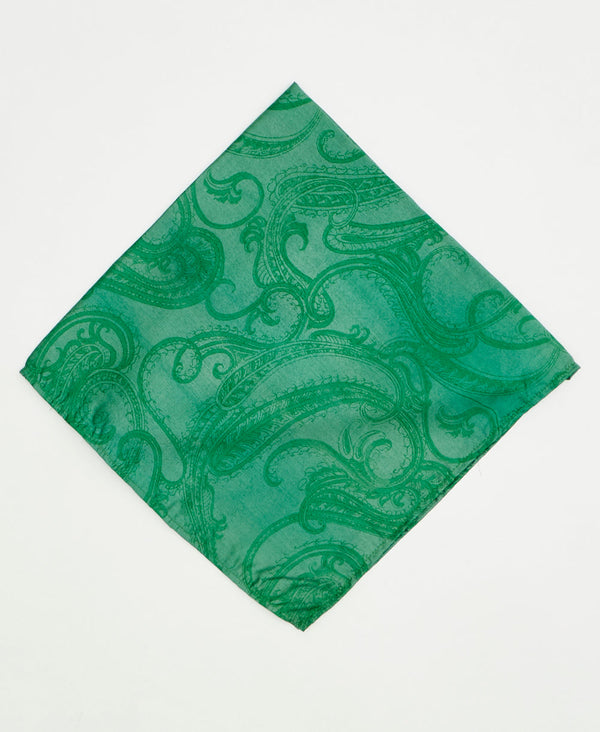 vintage silk scarf featuring a green paisley pattern created using sustainably sourced saris