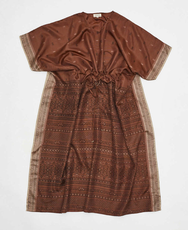 brown traditional vintage silk kaftan with adjustable waist made by artisans