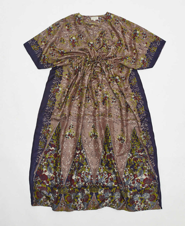 mauve floral vintage silk kaftan with adjustable waist made by artisans