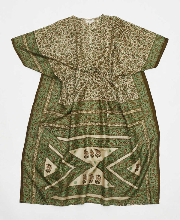 green paisley vintage silk kaftan with adjustable waist made by artisans