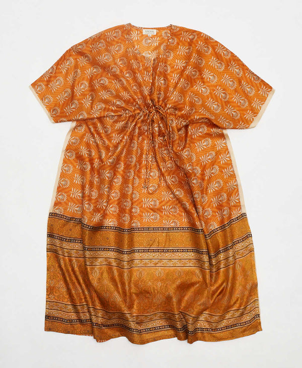 orange floral vintage silk kaftan with adjustable waist made by artisans