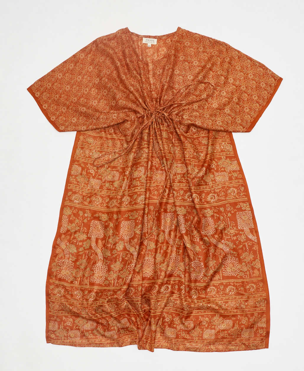 orange floral vintage silk kaftan with adjustable waist made by artisans