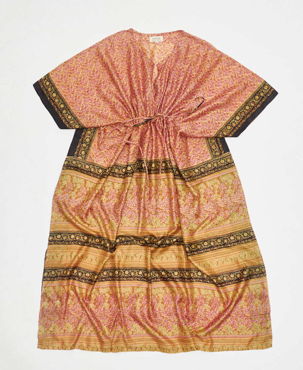 pink floral vintage silk kaftan with adjustable waist made by artisans