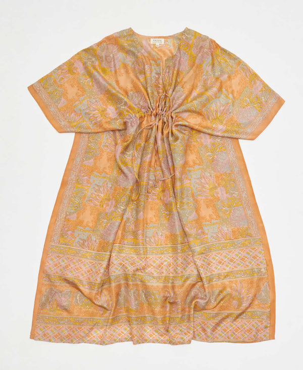 orange and yellow floral vintage silk kaftan with adjustable waist made by artisans