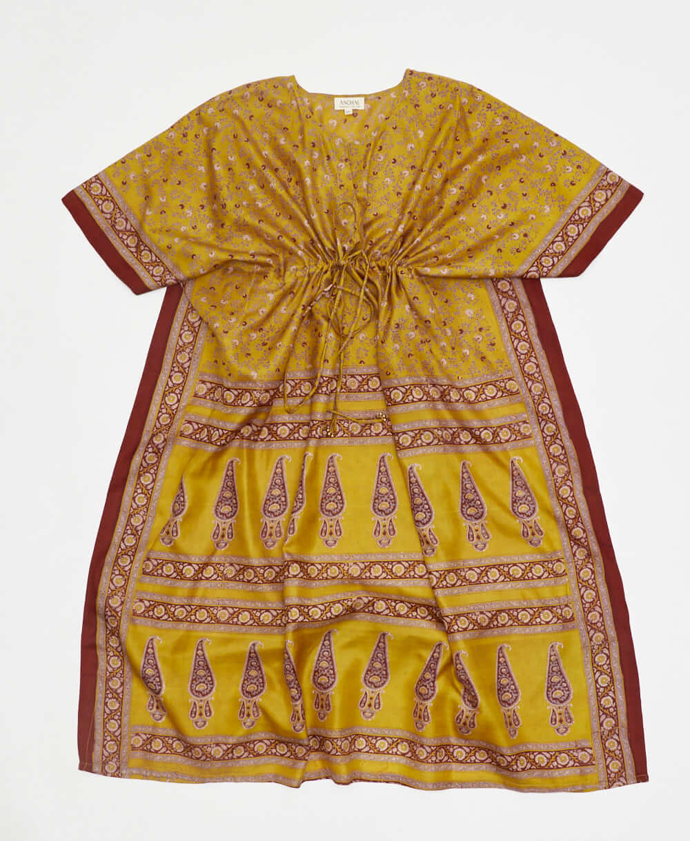 yellow paisley vintage silk kaftan with adjustable waist made by artisans