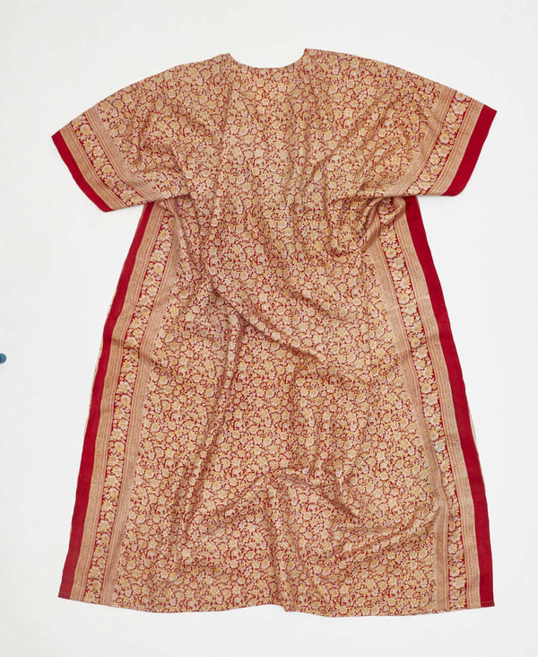 one-of-a-kind red and beige paisley silk kaftan dress made using vintage silk saris