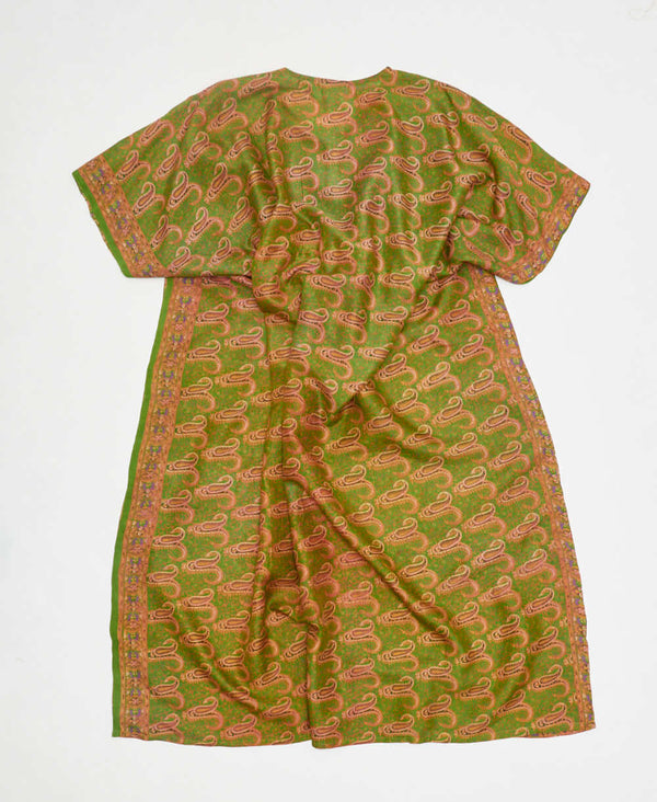 one-of-a-kind green geometric silk kaftan dress made using vintage silk saris