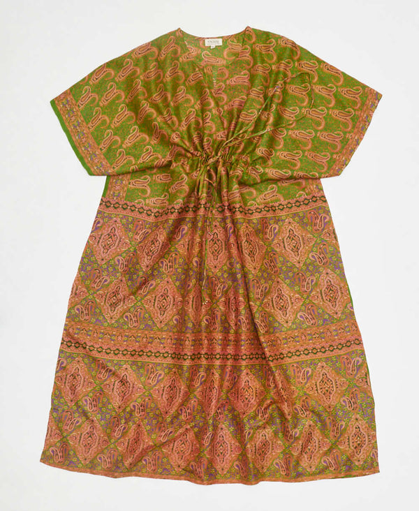 green geometric vintage silk kaftan with adjustable waist made by artisans