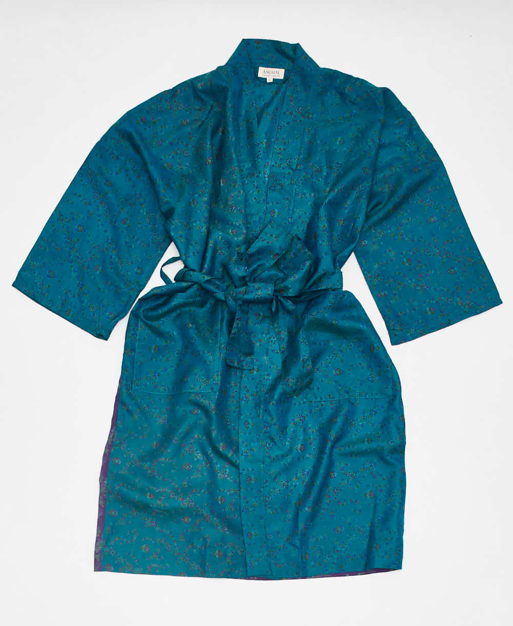 teal silk robe ethically made using upcycled
vintage silk saris