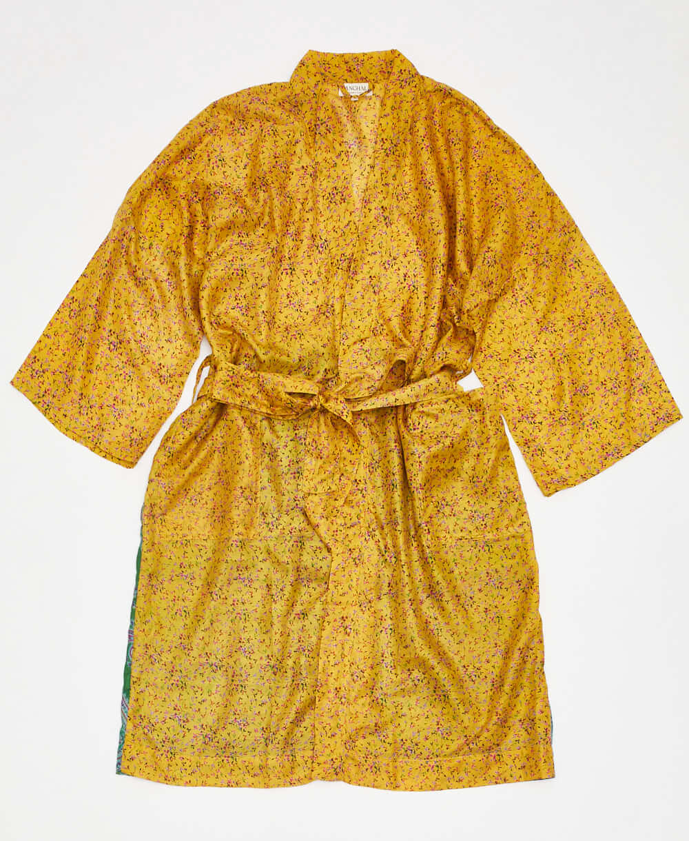 yellow silk robe ethically made using upcycled
vintage silk saris