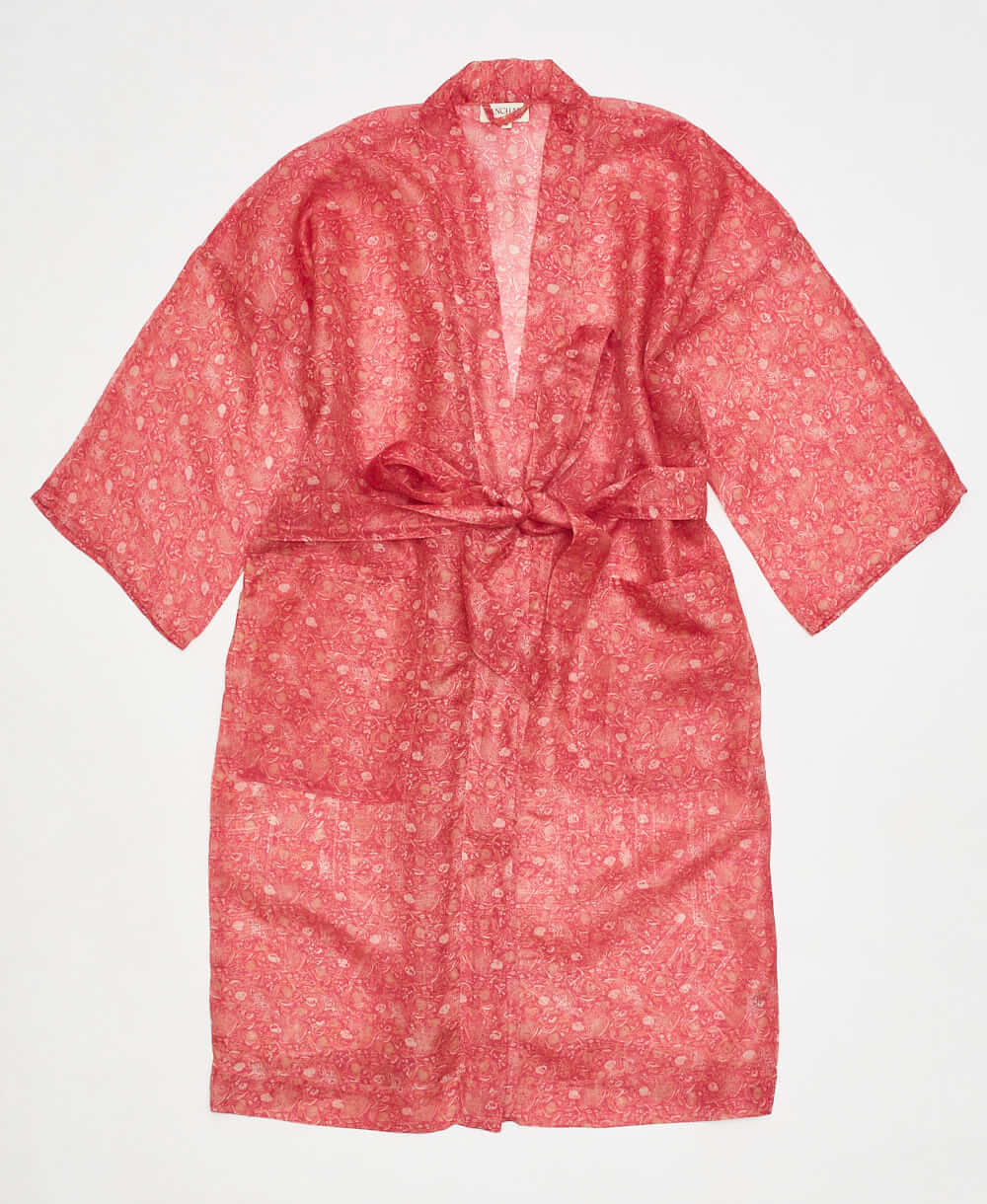 pink silk robe ethically made using upcycled
vintage silk saris