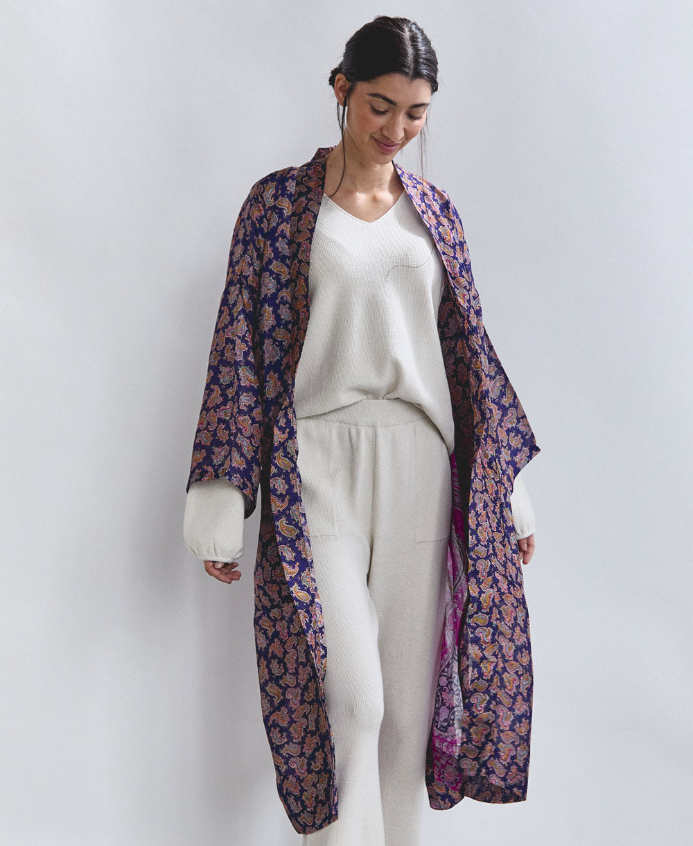 ethically made luxury silk robe in purple floral print made from upcycled silk saris in India by women artisans