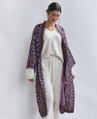 ethically made luxury silk robe in purple floral print made from upcycled silk saris in India by women artisans