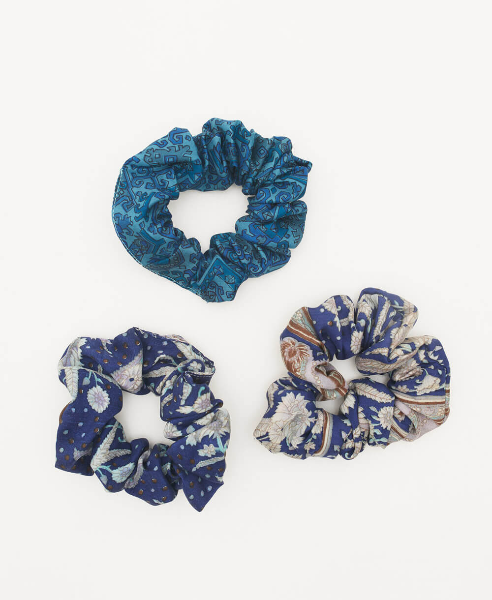 vintage silk scrunchies in various patterns in shades of blue handmade in India by women artisans