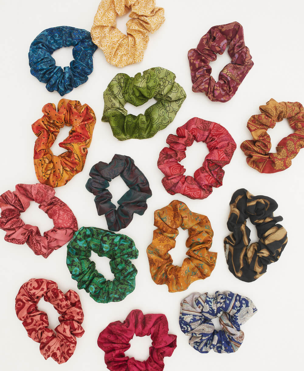 colorful vintage silk scrunchies in a rainbow of one-of-a-kind patterns