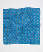 cerulean blue silk square scarf in a diamond print made from upcycled silk saris