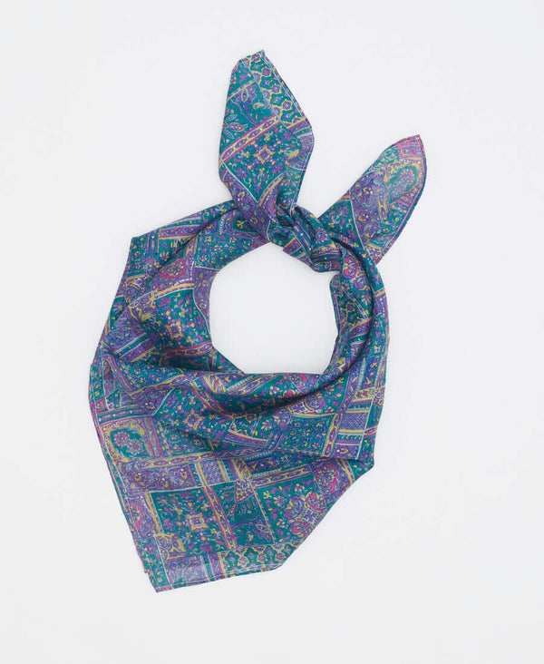 eco-friendly vintage silk square scarf in blue geometric print handmade in India