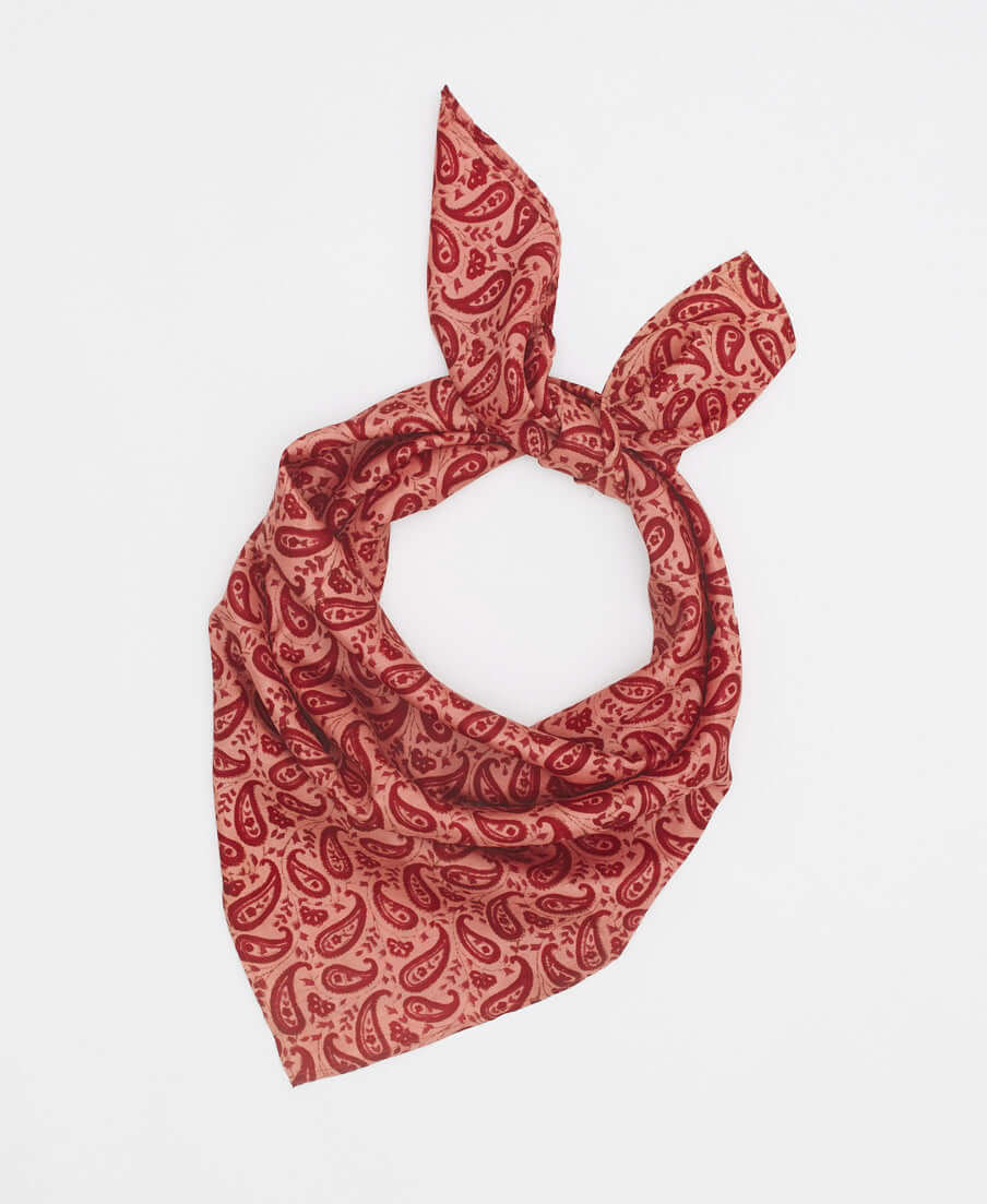 handmade silk square scarf made from upcycled sairs in red paisley pattern