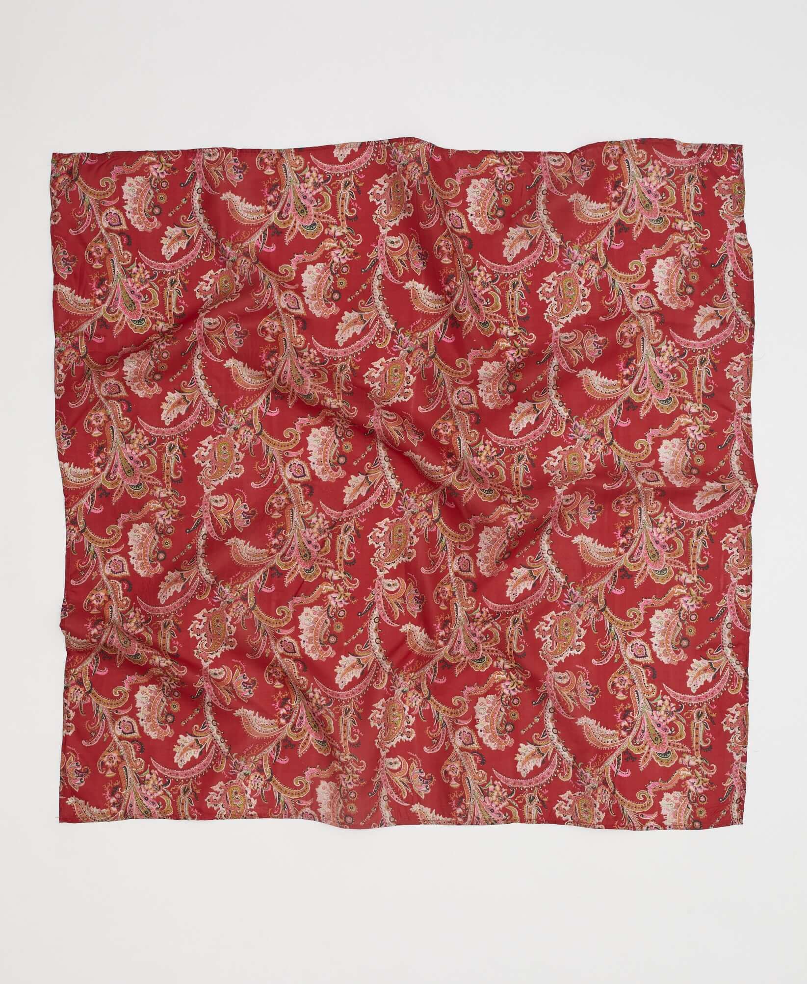 One of a kind silk scarf crafted from upcycled saris in a bold red paisley pattern