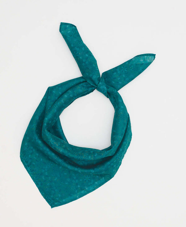 handcrafted vintage silk square scarf in deep teal with delicate floral print