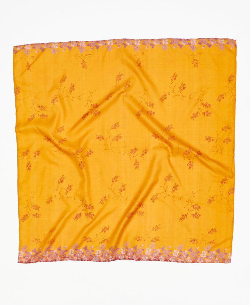 Bright yellow floral vintage silk square scarf handmade by women artisans using upcycled saris