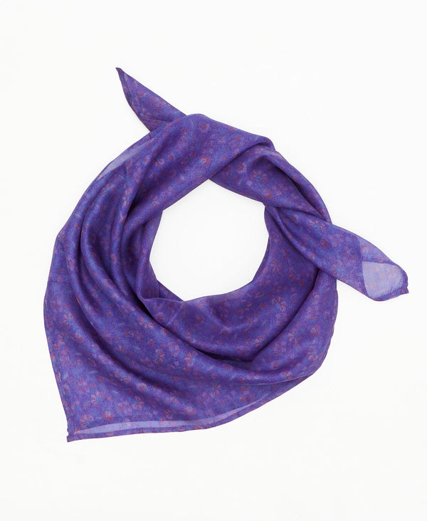 purple vintage silk square scarf featuring small flowers created using sustainably sourced saris