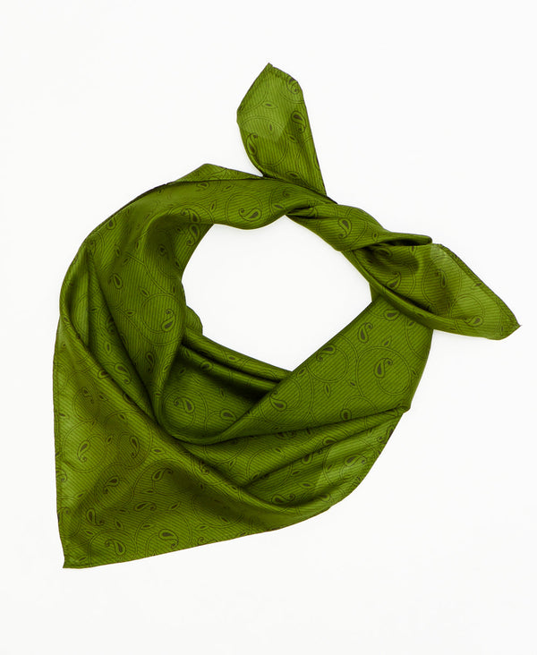 green vintage silk square scarf featuring paisleys created using sustainably sourced saris