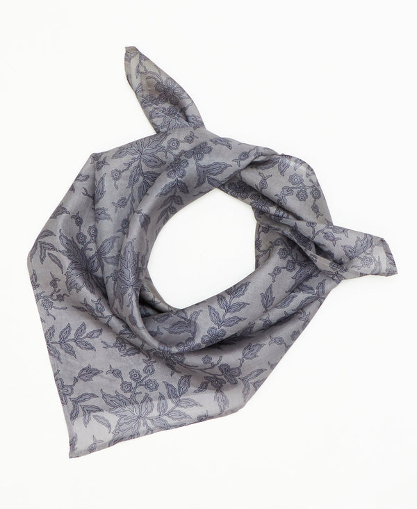 grey vintage silk square scarf featuring leaves created using sustainably sourced saris