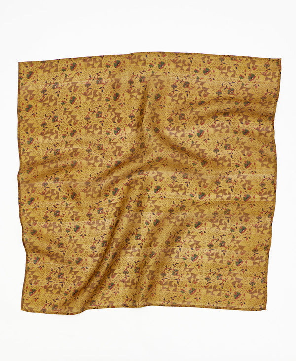 Mustard yellow geometric vintage silk square scarf handmade by women artisans using upcycled saris