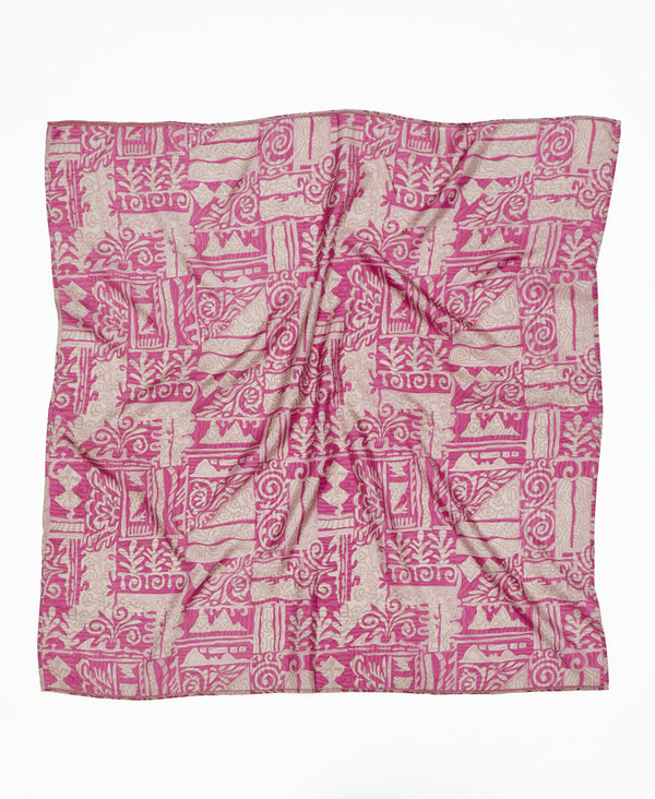 Pink and white geometric vintage silk square scarf handmade by women artisans using upcycled saris