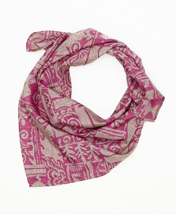 pink and white vintage silk square scarf featuring geometric shapes created using sustainably sourced saris