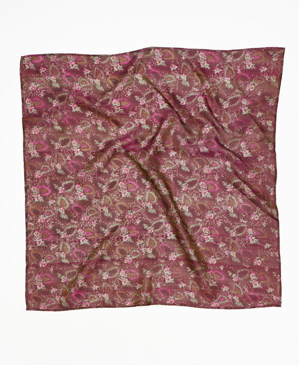 Burgundy floral vintage silk square scarf handmade by women artisans using upcycled saris