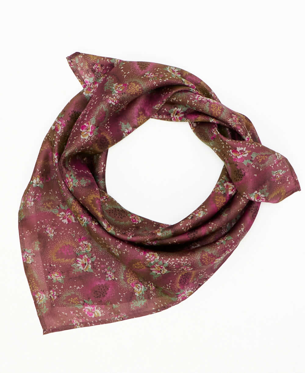 burgundy vintage silk square scarf featuring floral shapes created using sustainably sourced saris