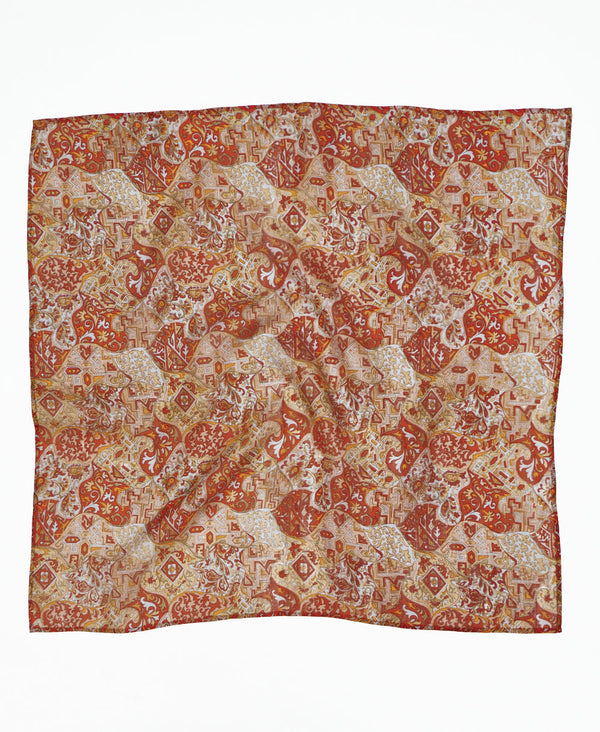 Orange geometric vintage silk square scarf handmade by women artisans using upcycled saris