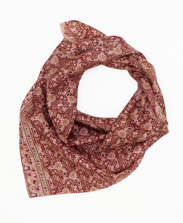 red and pink vintage silk square scarf featuring floral shapes created using sustainably sourced saris