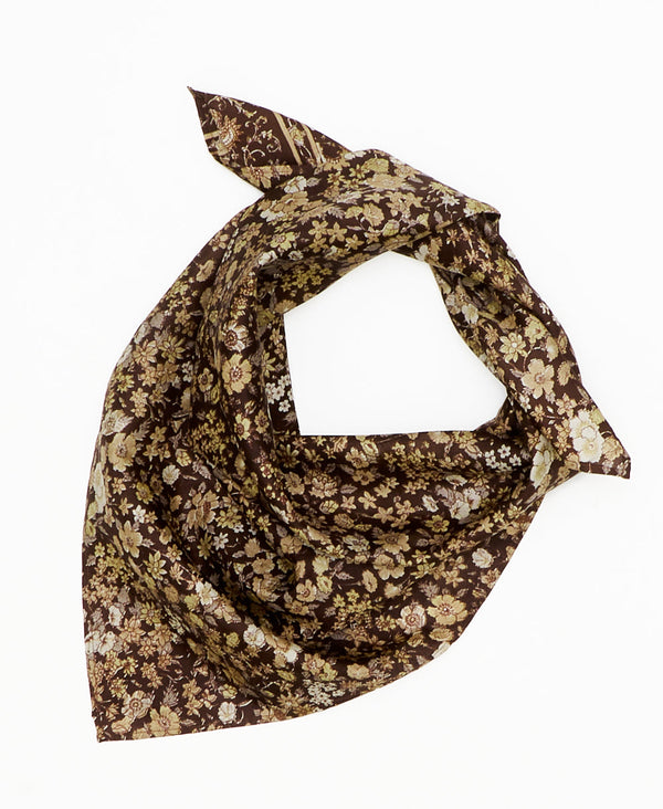 brown vintage silk square scarf featuring small flowers created using sustainably sourced saris