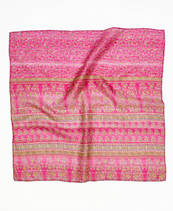Pink striped floral vintage silk square scarf handmade by women artisans using upcycled saris