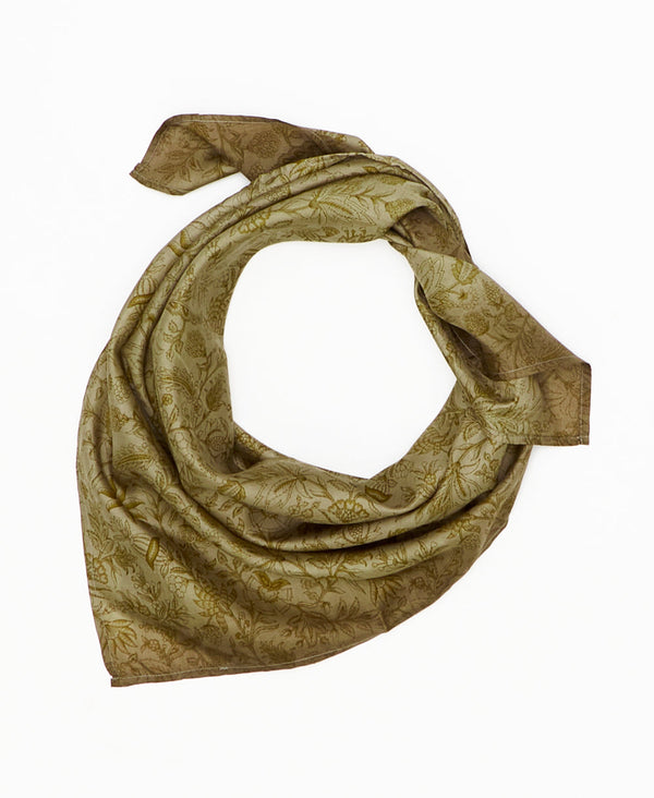 green vintage silk square scarf featuring vines and flowers created using sustainably sourced saris