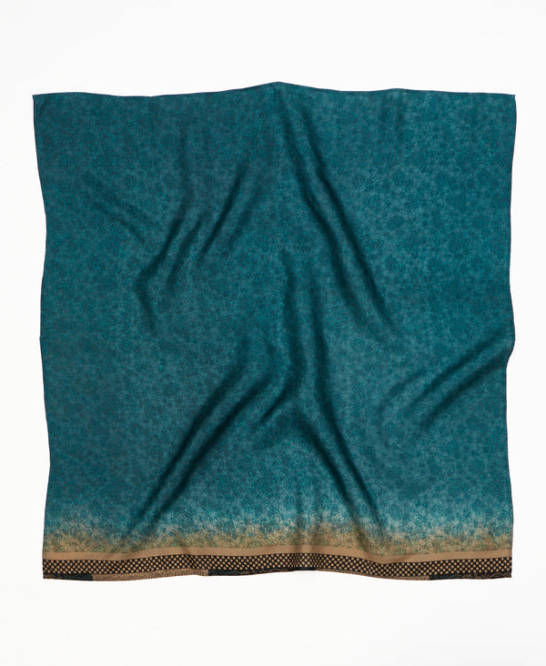 Dark teal geometric vintage silk square scarf handmade by women artisans using upcycled saris
