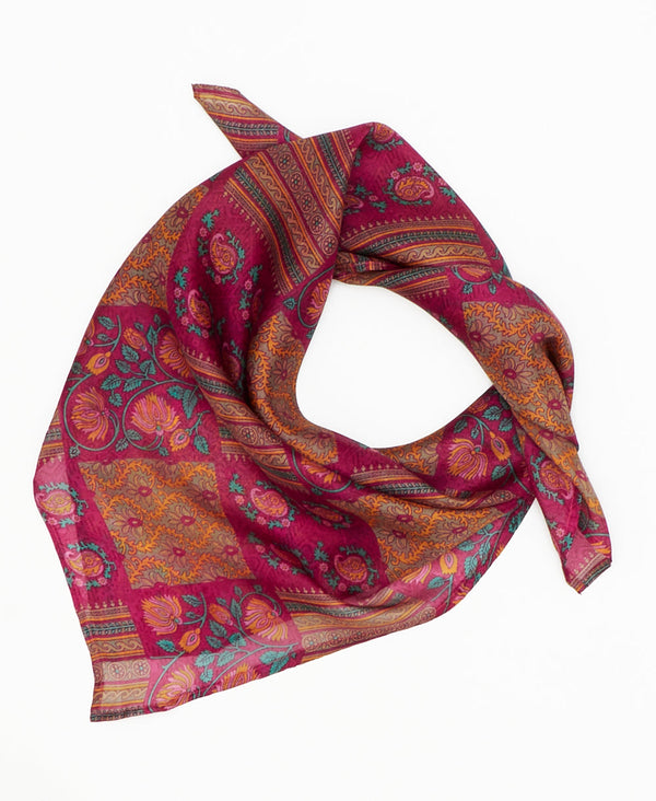 pink vintage silk square scarf featuring squares and flowers created using sustainably sourced saris