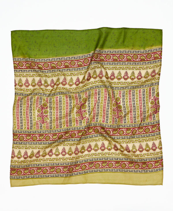 Green floral striped vintage silk square scarf handmade by women artisans using upcycled saris